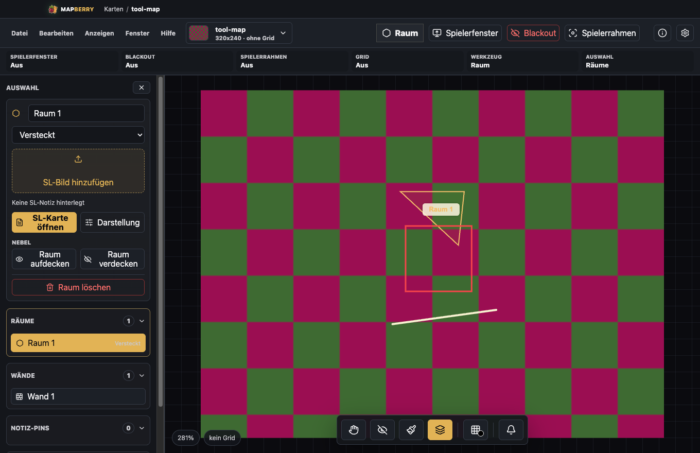 MapBerry Raum-, Wand- und Zeichenwerkzeuge auf einer eigenen Testfläche