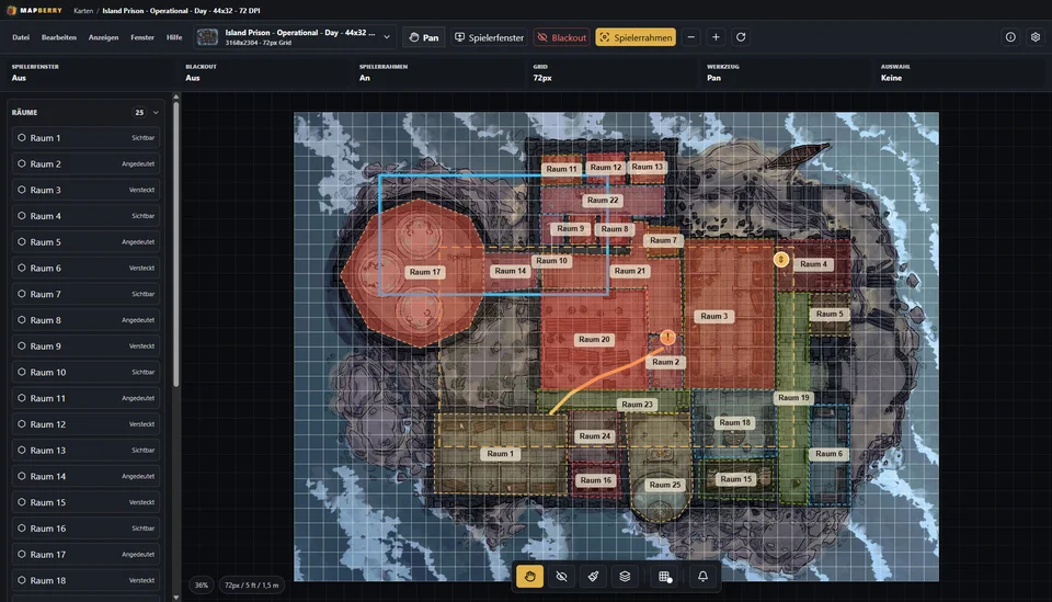 Spielerfenster mit Fog of War auf dem Beamer