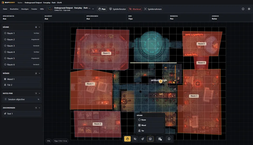 MapBerry Raumverwaltung und Grid-Werkzeuge