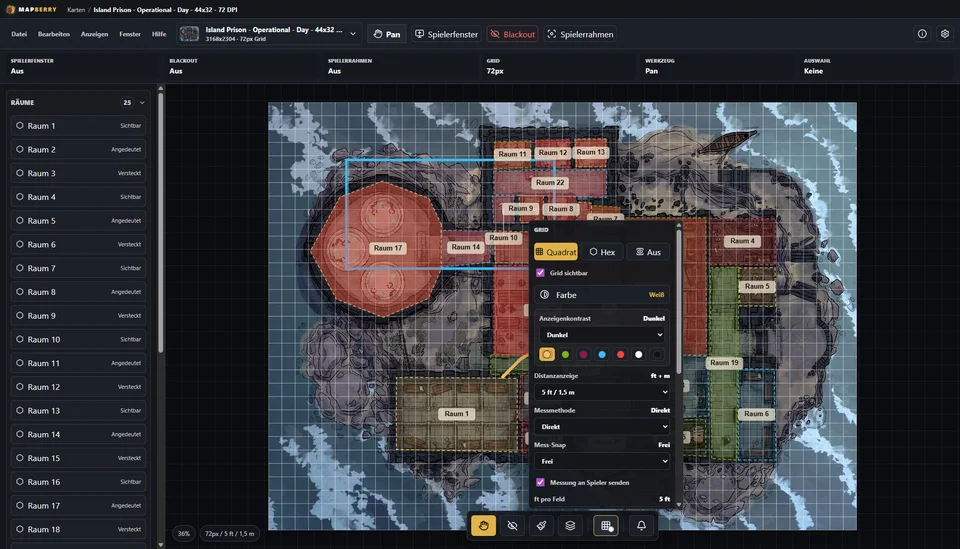 MapBerry Karten-App mit Grid-Kontrolle und Räumen