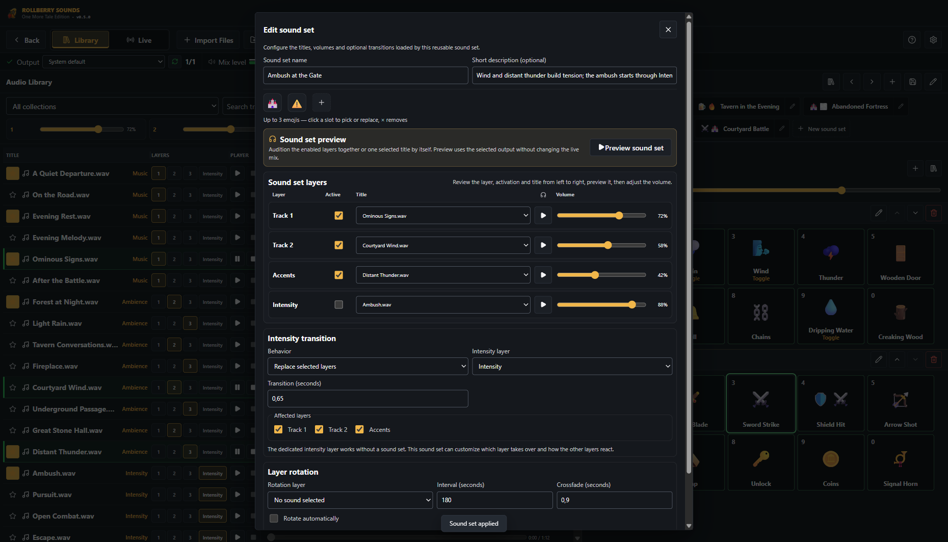 Sound set editor with four layers, previews, and individual volume settings