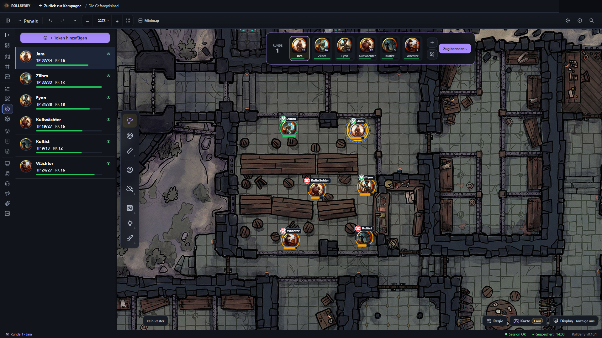 Begegnung im Speisesaal der Gefängnisinsel: oben die Initiativleiste mit sechs Beteiligten in Runde 1, Jara ist aktiv; links die Figurenliste mit Trefferpunkten und Rüstungsklasse.